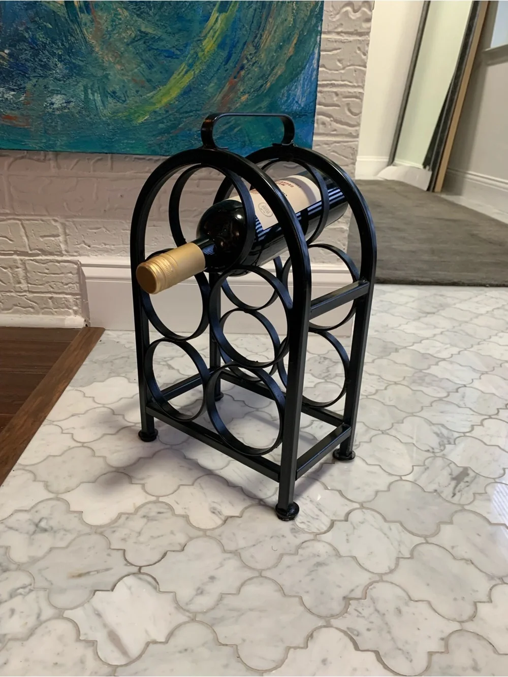 Vintage Black Wrought Iron/Metal 5-Bottle Wine Rack - Compact Countertop Holder